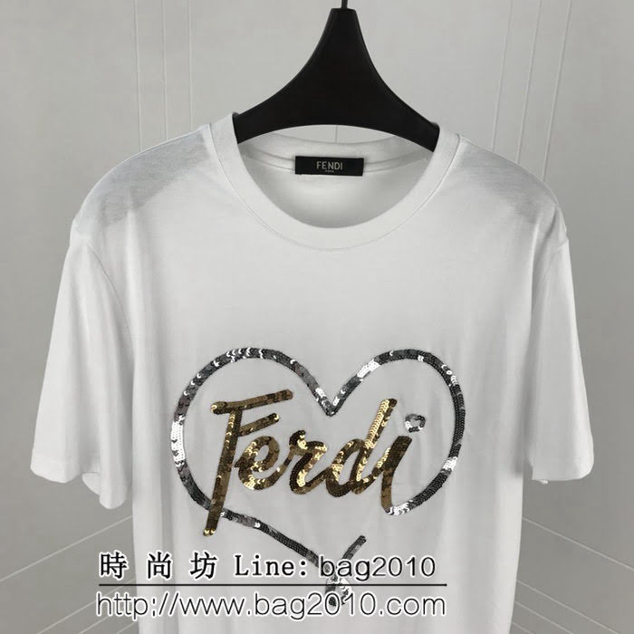 FENDI芬迪 19ss新款 情人節限定款 愛心珠片logo 純棉白色短袖 高版本情侶款 ydi2533